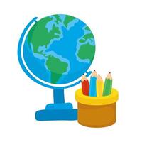 colorful pencils in cup with school globe vector