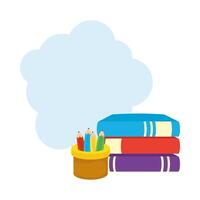 pile of textbooks with pencils in cup vector