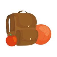 mochila escolar con baloncesto y manzana vector