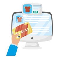 Computer with tshirts and hand holding credit card design vector