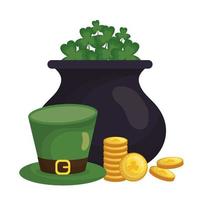 Saint patrick's day clovers, pot, coins and hat vector design