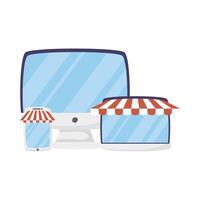 Computer tablet and smartphone with tent vector design