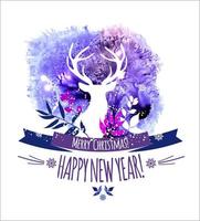 Tarjeta de felicitación de acuarela con ciervos de invierno y titular feliz año nuevo vector