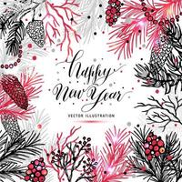 feliz navidad tarjeta de felicitación con árbol de año nuevo y caligrafía vector