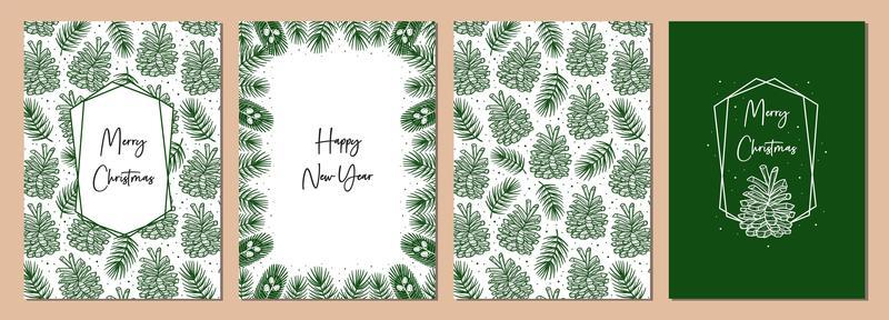 Set of Christmas greeting cards. Cone with spruce branch pine tree element seamless pattern background texture.