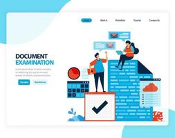 Vector illustration of document examination. checking legal document for recording, taxation, banking. Flat cartoon for landing page, template, ui ux, web, website, mobile app, banner, flyer, brochure