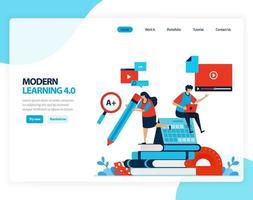 Vector illustration of modern learning 4.0 efficiency of digital education, learning, schooling. Flat cartoon for landing page, template, ui ux, web, website, mobile app, banner, flyer, brochure