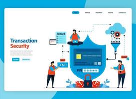 Diseño vectorial de página de destino para la seguridad de las transacciones y el proceso de cifrado de datos del cliente. Ilustración de dibujos animados plana para página de destino, plantilla, ui ux, web, sitio web, aplicación móvil, banner, volante, folleto vector