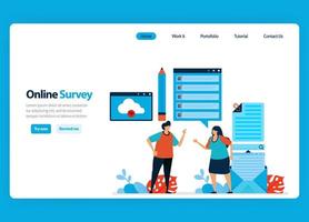 Landing page design for online survey and exam, filling out surveys with internet and validation software. Flat illustration for document, template, ui ux, web, website, mobile app, banner, flyer vector