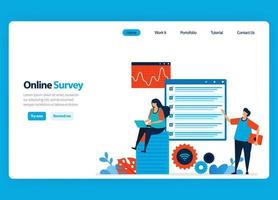 Landing page design for online survey and exam, filling out surveys with internet and validation software. Flat illustration for document, template, ui ux, web, website, mobile app, banner, flyer vector