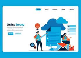 Landing page design for online survey and exam, hosting and server services to process survey results to big data and databases. Flat illustration for template, ui ux, website, mobile app, flyer vector