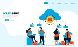 Vector illustration of could reload. people discussing and recorded into the cloud computing, sending group emails. designed for landing page, template, ui ux, website, mobile app, flyer, brochure