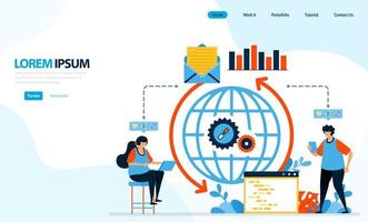 ilustración vectorial del sistema de carga de internet. Mecanismo de circulación de envío de correo electrónico y datos con codificación. diseñado para página de destino, plantilla, ui ux, sitio web, aplicación móvil, folleto, folleto vector