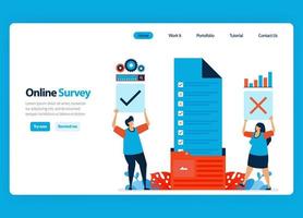 Landing page design for online survey and exam, organizing survey documents to workflow folder. Flat cartoon illustration for template, ui ux, web, website, mobile app, banner, flyer, brochure vector