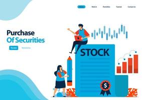 landing page template of purchase of securities and bonds. investment in securities. proof of documents of debt securities and shares. illustration for ui ux, website, web, mobile apps, flyer vector