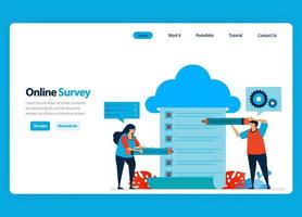 Landing page design for online survey and exam, hosting and server services to process survey results to big data and databases. Flat illustration for template, ui ux, website, mobile app, flyer vector