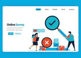 Landing page design for online survey and exam, checking and validating results of exam quizzes with magnifying glass. Flat illustration for document, template, ui ux, website, mobile app, flyer vector