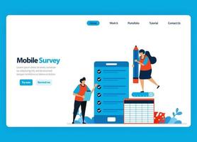 Landing page design for online survey and exam, reviewing customer satisfaction and user rating with mobile survey apps. Flat illustration for template, ui ux, website, mobile app, flyer, brochure vector