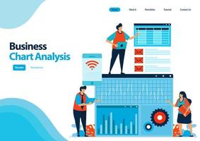 plantilla de página de destino del análisis de gráficos de negocios para planificar la estrategia y el desarrollo comerciales. revisión y análisis de informes de desempeño. ilustración para ui ux, sitio web, web, aplicaciones móviles, folletos, anuncios vector