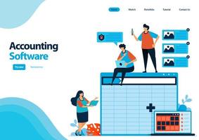 landing page template of accounting software with a worksheet to making of balance sheet. spreadsheet software on computers and laptops. illustration for ui ux, website, web, mobile apps, flyer, ads vector