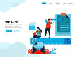 website design of looking for work and finding employees. jobs candidates that match with search engine. Flat illustration for landing page template, ui ux, website, mobile app, flyer, brochure, ads vector
