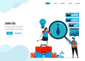 website design of join us, hiring and refer a friend program. recruitment announcements and job openings. Flat illustration for landing page template, ui ux, website, mobile app, flyer, brochure vector