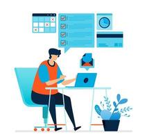 Vector illustration of man working at home. Work from a work desk at home. Complete tasks, answer emails, scheduled jobs. The lifestyle of freelancers. Can use for landing page, template, ui, web