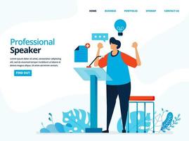 Vector human illustration of professional speaker. The man speaking on the podium. Can use for landing page, template, web, mobile app, poster, banner, flyer, background, website, advertisement