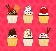 Cupcake Design Illustrations With Various Girly Decorations And Toppings. Sweet Cupcake With Chocolate Topping, Nuts, Wafers, Waffles, Melted Chocolate, Sweets, Vanilla Cream, Colorful Containers vector