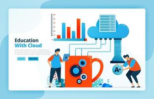 ilustración vectorial de actividades de aprendizaje mediante el sistema de computación en la nube. tecnología 4.0 en educación. copias de seguridad de la base de datos del sistema y gráficos de logros. diseñado para páginas de destino, web, aplicaciones móviles vector