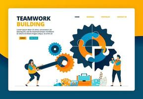 Cartoon illustration of solving puzzles in the industry. Building a team to advance the company. Human resource development fixing. Vector design for landing page website web banner mobile apps poster