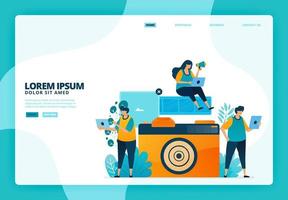 Cartoon illustration of analog cameras and films. Vector design for landing page website web banner mobile apps poster