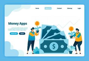 Landing page of money apps. Banking and financial investment choices. Illustration of landing page, website, mobile apps, poster, flyer vector