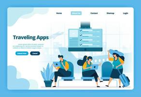 Landing page of traveling apps. Purchase flight tickets for holidays and business trips. Illustration of landing page, website, mobile apps, poster, flyer vector