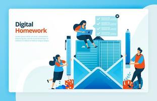 Vector illustration of people do digital homework via email, future of distance learning, internet courses. Design for landing pages, web, website, web page, mobile apps, banner, flyer, brochure