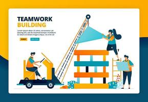 Cartoon illustration of worker building a construction. Planning and strategy in teamwork and collaboration. Human development. Vector design for landing page website web banner mobile apps poster