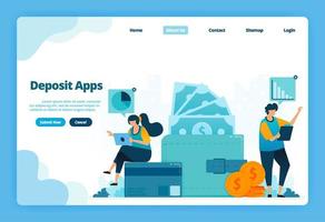 Landing page of deposit apps. Cashless society makes bill payments, saves money, wallet and financial transactions. Illustration of landing page, website, mobile apps, poster, flyer vector