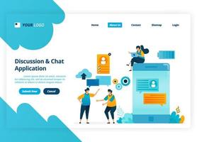 Vector landing page design of discussion and chat apps. Chatbot technology for mobile. Illustration of landing page, website, mobile apps, poster, flyer