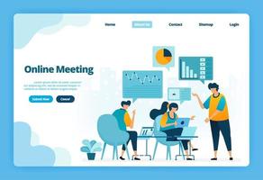 Landing page of online meeting. Business meetings and conferences for marketing strategy planning. Illustration of landing page, website, mobile apps, poster, flyer vector