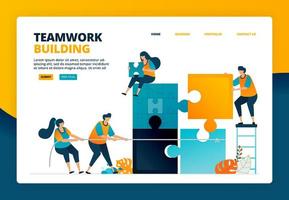 Cartoon illustration of completing puzzle games to train teamwork and collaboration in organization. Problem solving game for team. Vector design for landing page website web banner mobile apps poster