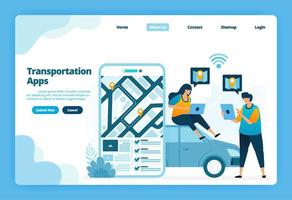 Landing page of transportation apps. Book and rent urban transportation with apps. Illustration of landing page, website, mobile apps, poster, flyer vector