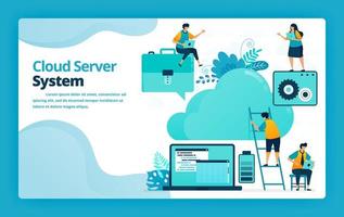 Vector illustration of landing page of cloud server system and hosting to organize, simplify and store work online. Design for website, web, banner, mobile apps, poster, brochure, template, ads