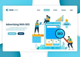 Vector landing page design of advertising with seo. Target keywords to increase traffic. Illustration of landing page, website, mobile apps, poster, flyer