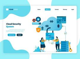 landing page template of cloud computing security system. cooperation to improve security of access to hosting. illustration for ui ux, website, web, mobile apps, flyer, brochure, advertisement vector