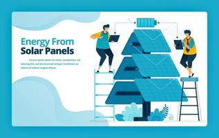 Ilustración vectorial de la página de inicio de energía alternativa con tecnología de distribución eléctrica de panel solar para cargar la batería. diseño para sitio web, banner, aplicaciones móviles, cartel, folleto, plantilla vector