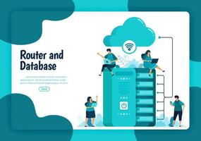 Landing page template of router and database service. Wifi network and infrastructure for internet connection and safe access. Illustration of landing page, website, mobile apps, poster, flyer vector