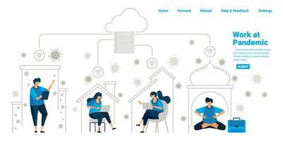 People working inside their homes using cloud server and datacenter technology during the new normal pandemic. Illustration design of landing page, website, mobile apps, poster, flyer, banner vector