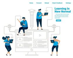 New normal learning for students in the pvidemic covid 19. Utilizing technology and internet connection for learning. Illustration design of landing page, website, mobile apps, poster, flyer, banner vector