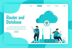 Landing page template of router and database service. Wifi network and infrastructure for internet connection and safe access. Illustration of landing page, website, mobile apps, poster, flyer vector