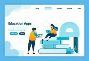 Landing page of education apps. Modern distance learning with virtual internet courses. Illustration of landing page, website, mobile apps, poster, flyer vector